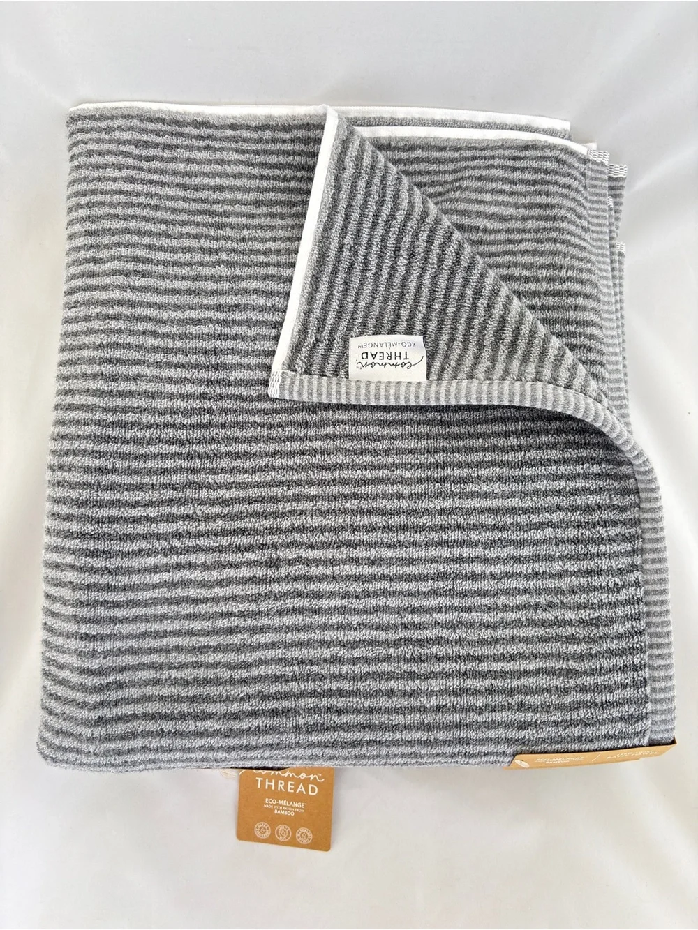 NWT 8Pc Common Thread Bamboo Eco-Melange Charcoal Grey Striped Bath Towels Set
